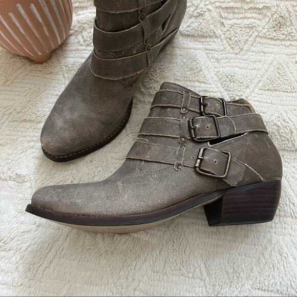 Matisse Colin Distressed Taupe Leather Buckle Ankle Booties - Picture 2 of 10